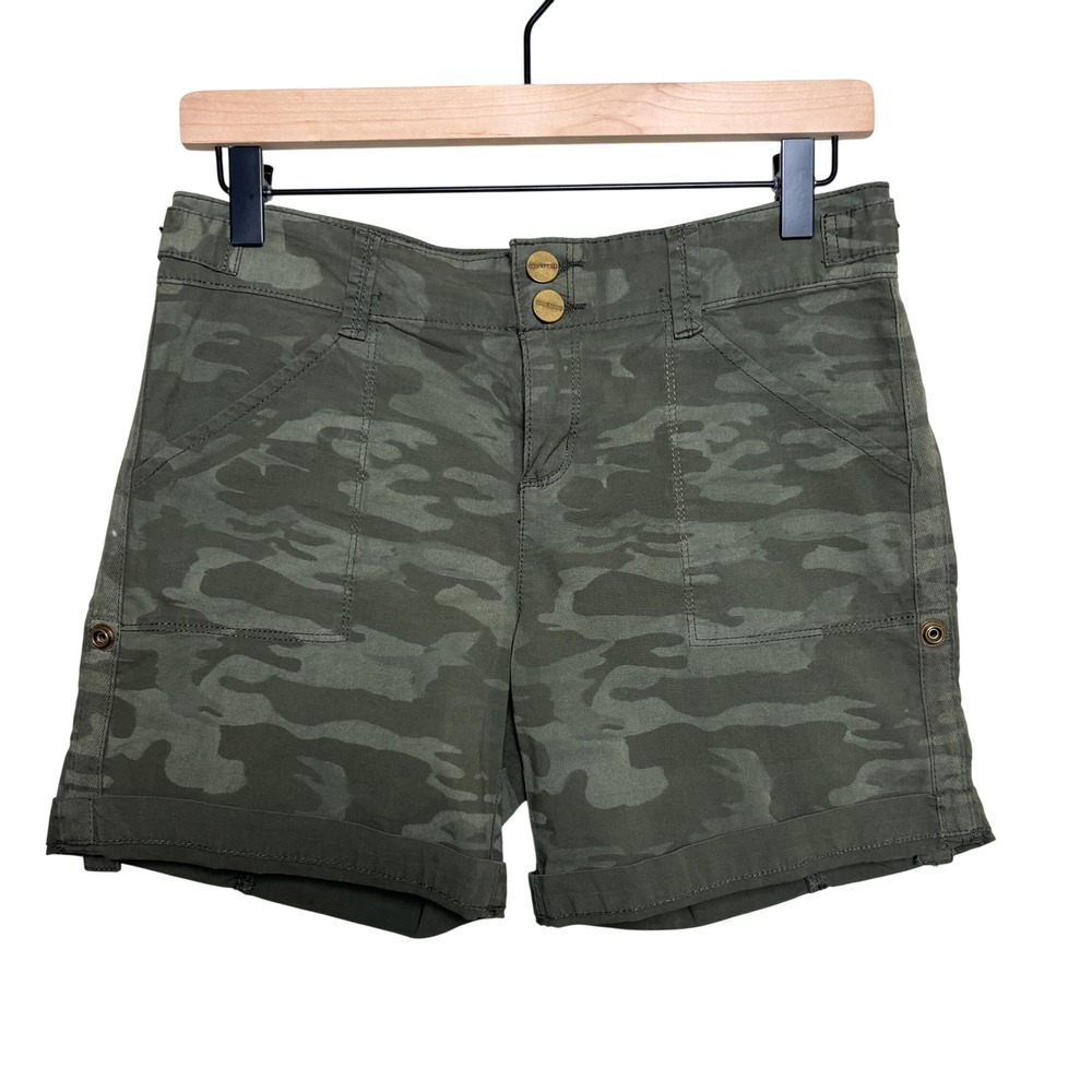 Sanctuary Green Camouflage Rolled Cuff Hem Double Button Utility Shorts Women 26